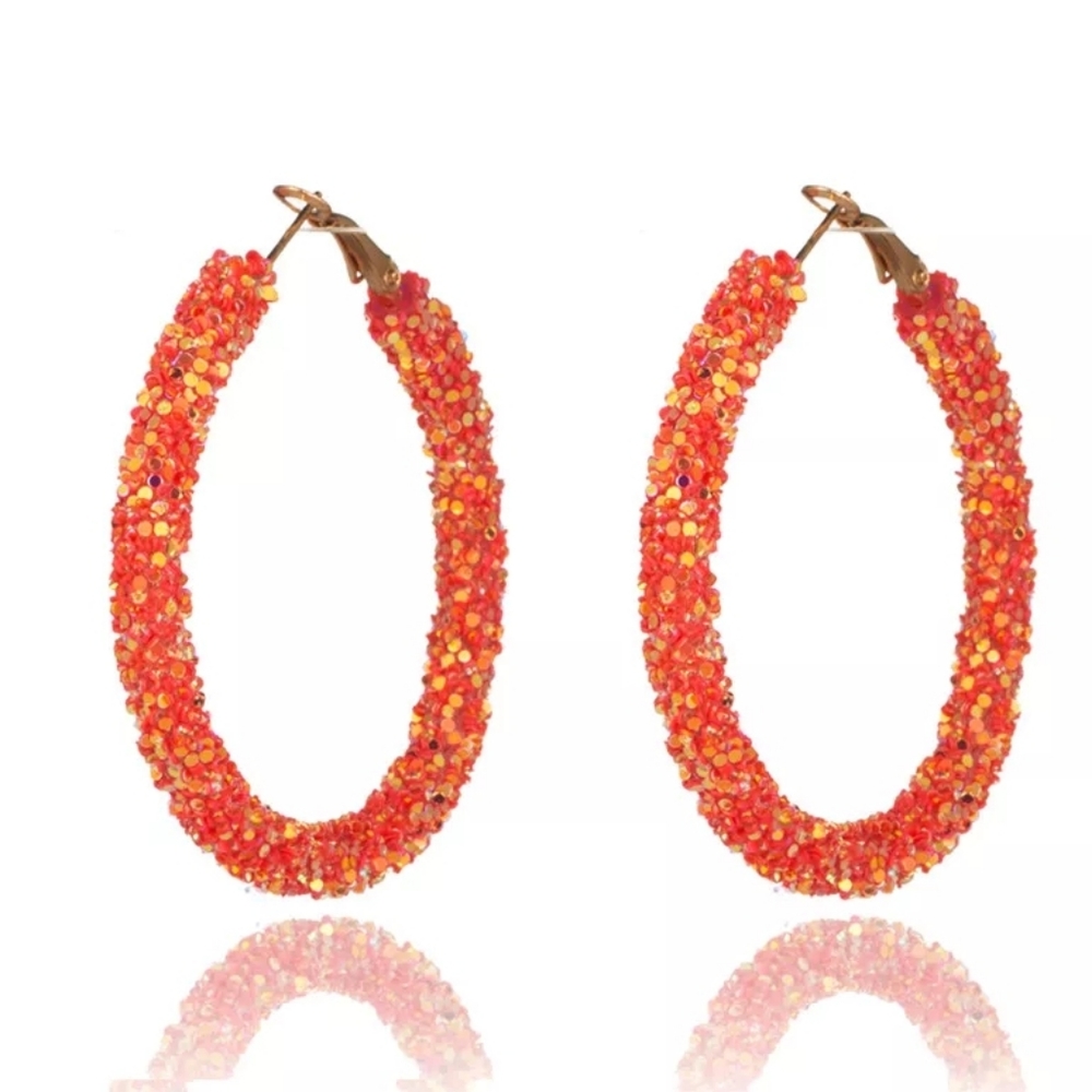 Pink Coral Big Circle Hoop Glitter Earring NWT - Picture 7 of 8